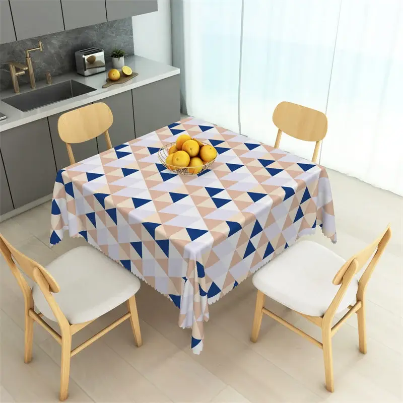 Aperturee Abstract Navy and Beige Triangle Rectangle Tablecloth, Modern Geometric Mosaic Pattern Table Cover, Professional Prop