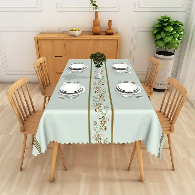 Aperturee Light Green Vintage Floral Center Rectangle Tablecloth, Elegant Dining Room Decor, Washable Table Cover