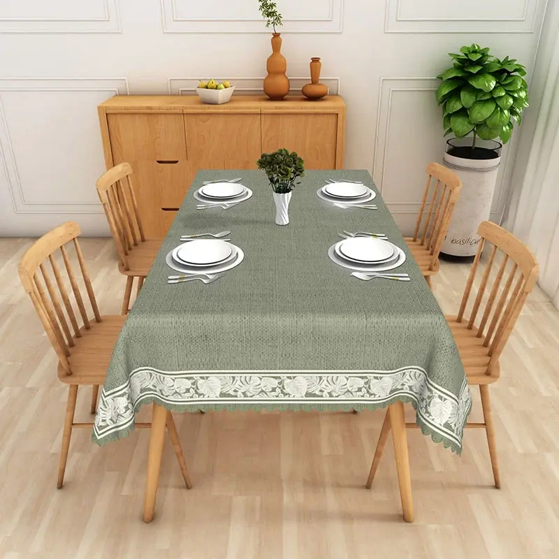 Aperturee Sage Green Rustic Texture Floral Border Rectangle Tablecloth, Elegant Dining Decor, Washable Table Cover