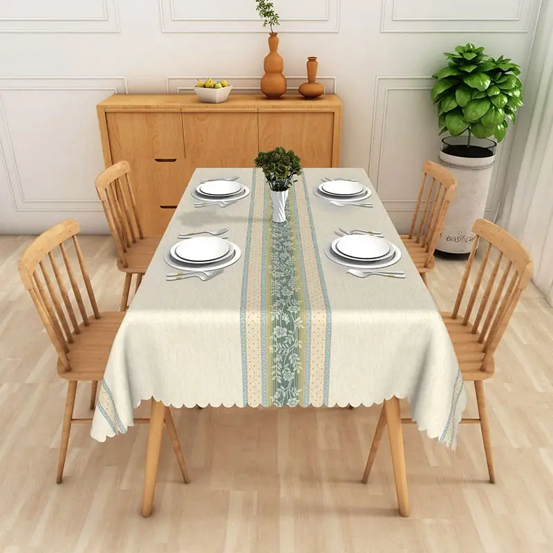 Aperturee Cream Texture Teal Floral Center Striped Rectangle Tablecloth, Classic Dining Decor, Washable Table Cover