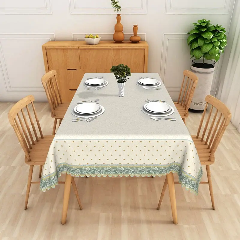 Aperturee Cream Damask Texture Teal Floral Border Rectangle Tablecloth, Elegant Dining Decor, Washable Table Cover