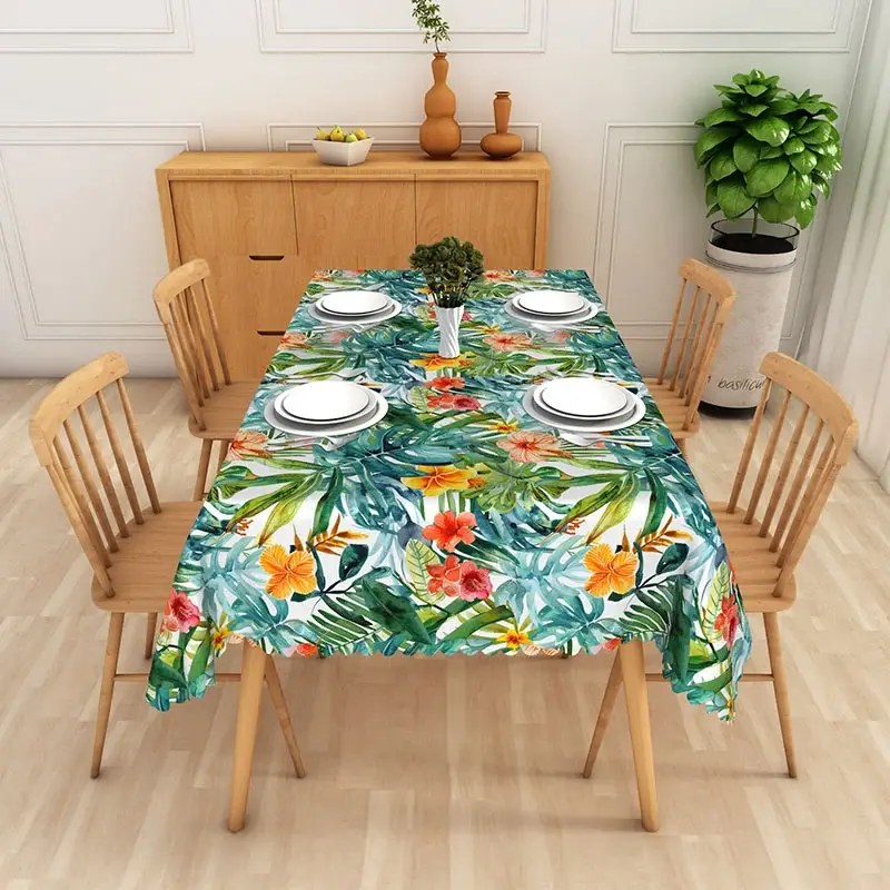 Aperturee Tropical Monstera Leaves Rectangle Tablecloth, Green Jungle and Orange Hibiscus Pattern for Exotic Home Decor, Photo Backdrop