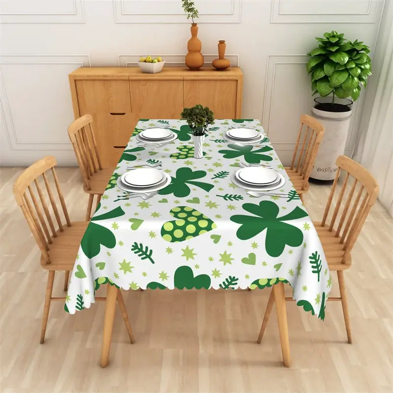 Aperturee St. Patrick's Day Shamrocks and Hearts Rectangle Tablecloth, High Resolution Green Clover Dining Cover