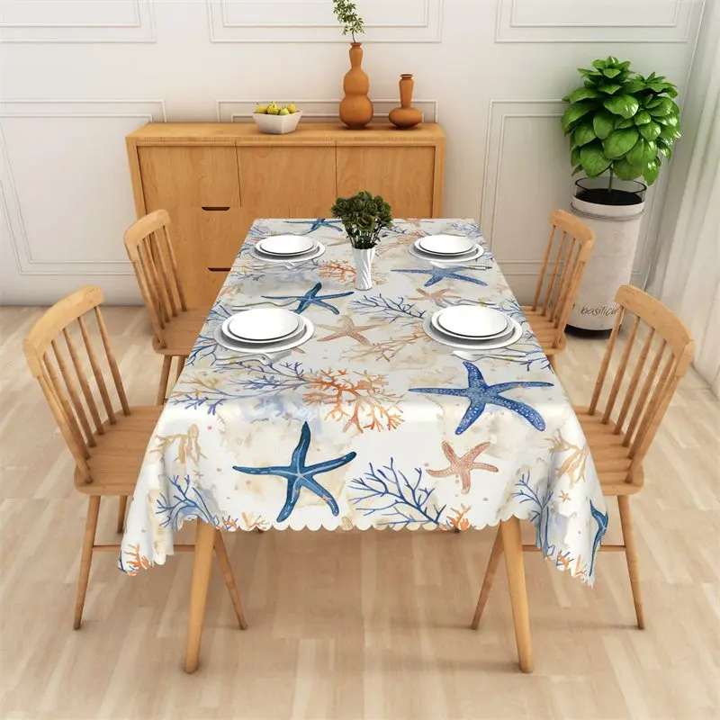 Aperturee Coastal Starfish and Coral Reef Rectangle Tablecloth, High Resolution Sea Life Photography Cover