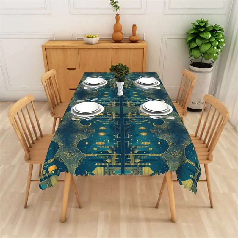 Aperturee Luxury Teal and Gold Ramadan Rectangle Tablecloth, Professional High-Definition Islamic Decor