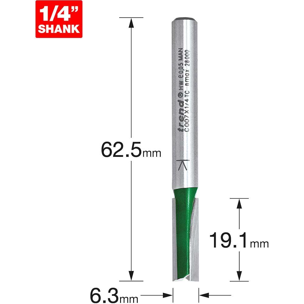 Trend CRAFTPRO Two Flute Straight Router Cutter 6.3mm 19.1mm 1/4"