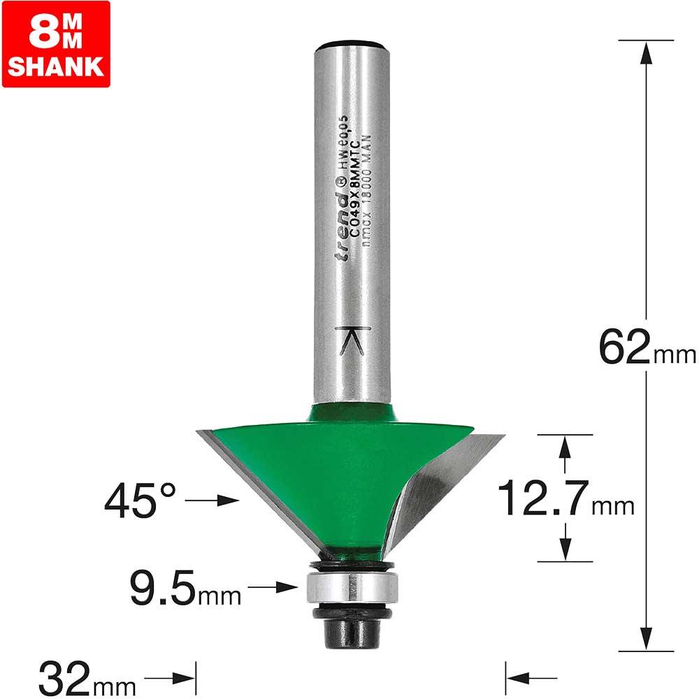 Trend CRAFTPRO Chamfer Bearing Guided Router Cutter 32mm 12.7mm 8mm