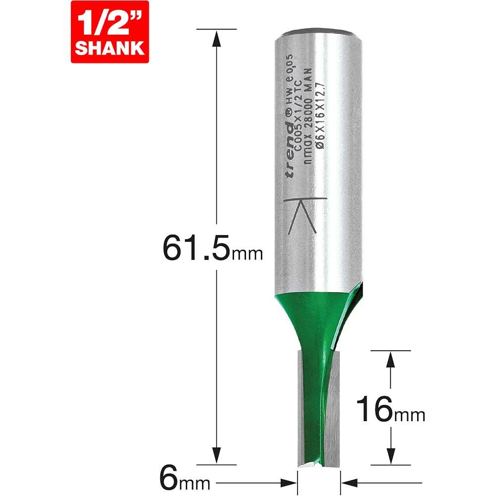Trend CRAFTPRO Two Flute Straight Router Cutter 6mm 16mm 1/2"