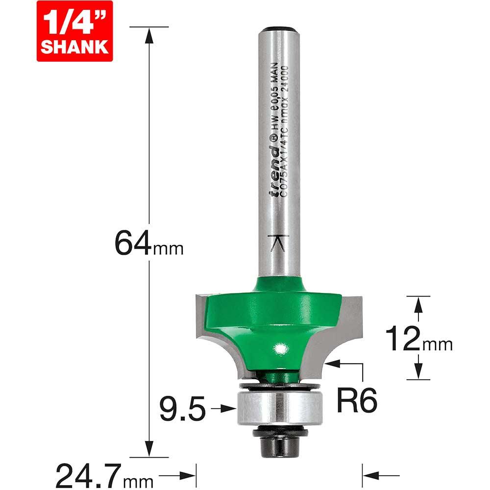 Trend CraftPro Bearing Guided Round Over and Ovolo Router Cutter 24.7mm 12MM 1/4"