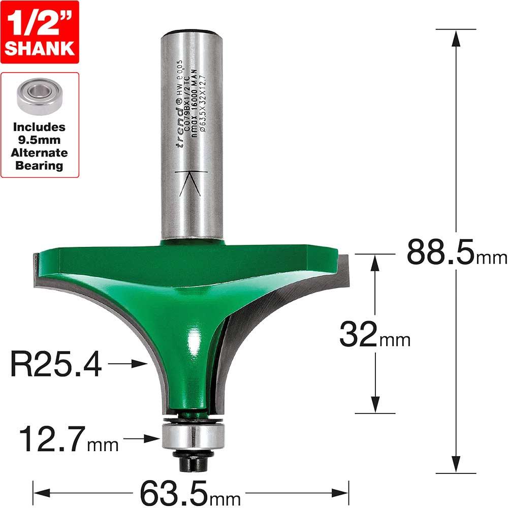 Trend CraftPro Bearing Guided Round Over and Ovolo Router Cutter 63.5mm 32mm 1/2"