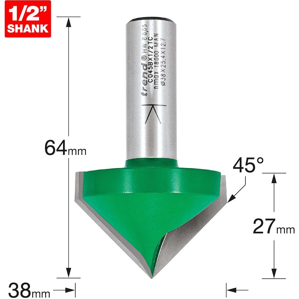 Trend CRAFTPRO Chamfer V Grovve Router Cutter 38mm 25mm 1/2"