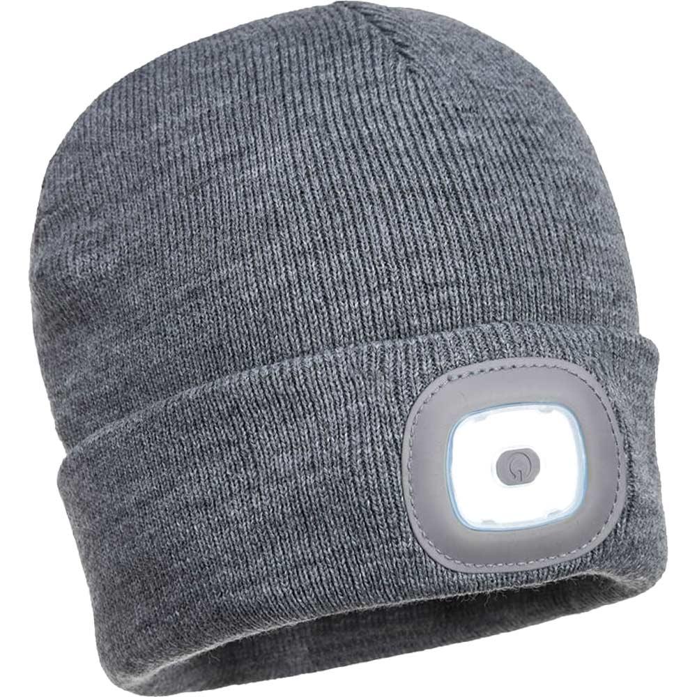 Portwest Beanie Hat and USB Rechargeable LED Head Light Grey One Size