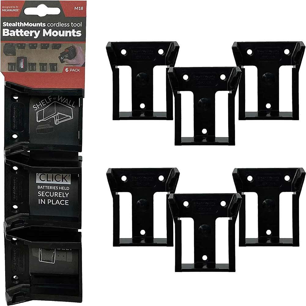 Stealth Mounts 6 Pack Battery Mounts for Milwaukee 18V M18 Batteries Black