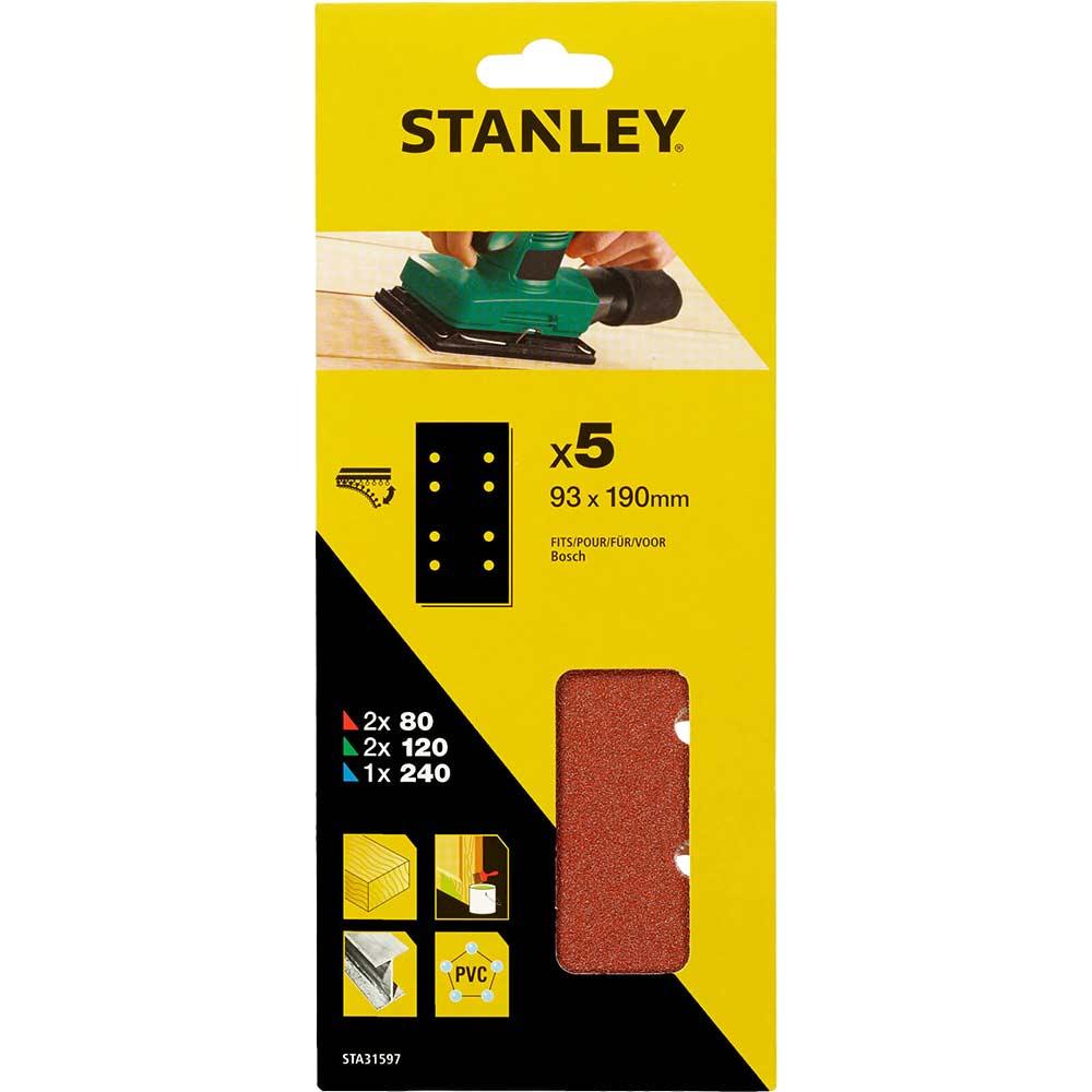 Stanley Punched Hook and Loop 1/3 Sanding Sheets 93mm x 190mm Assorted Pack of 5