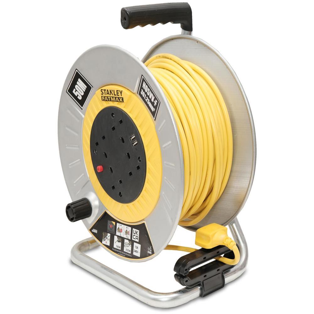 Stanley 6 Socket Open Metal Drum Cable Reel 240v and USB 50m