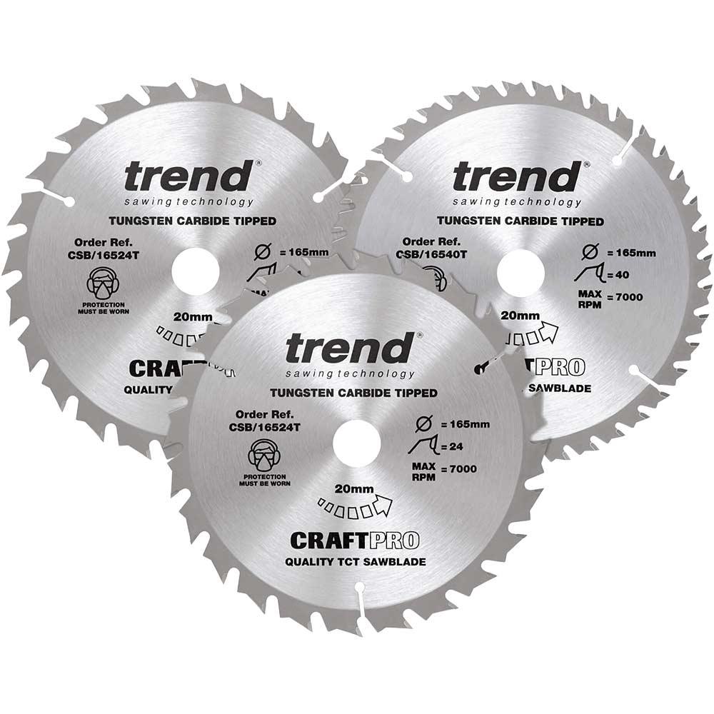 Trend CRAFTPRO 3 Piece 165mm Circular Saw Blade Set 165mm Assorted Teeth 20mm