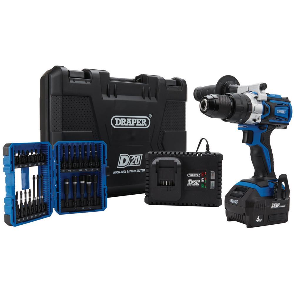 Draper PTKD20/OCT/1 D20 20v Cordless Brushless Combi Drill Kit 1 x 4ah Li-ion Battery Charger Case & Accessories