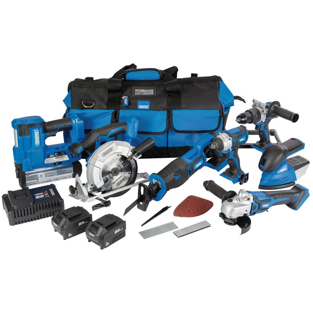 Draper D20 20v Cordless 7 Piece Jumbo Power Tool Kit 1 x 3ah & 1 x 5ah Li-ion Battery Charger Bag