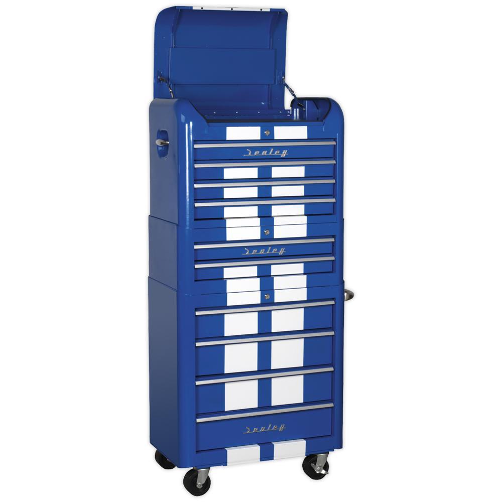 Sealey Premier Retro Style 10 Drawer Roller Cabinet, Mid and Top Tool Chest Blue / White