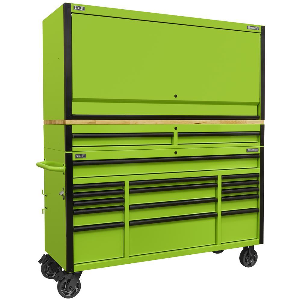 Sealey 15 Drawer Wooden Worktop Trolley and Hutch Combo Green