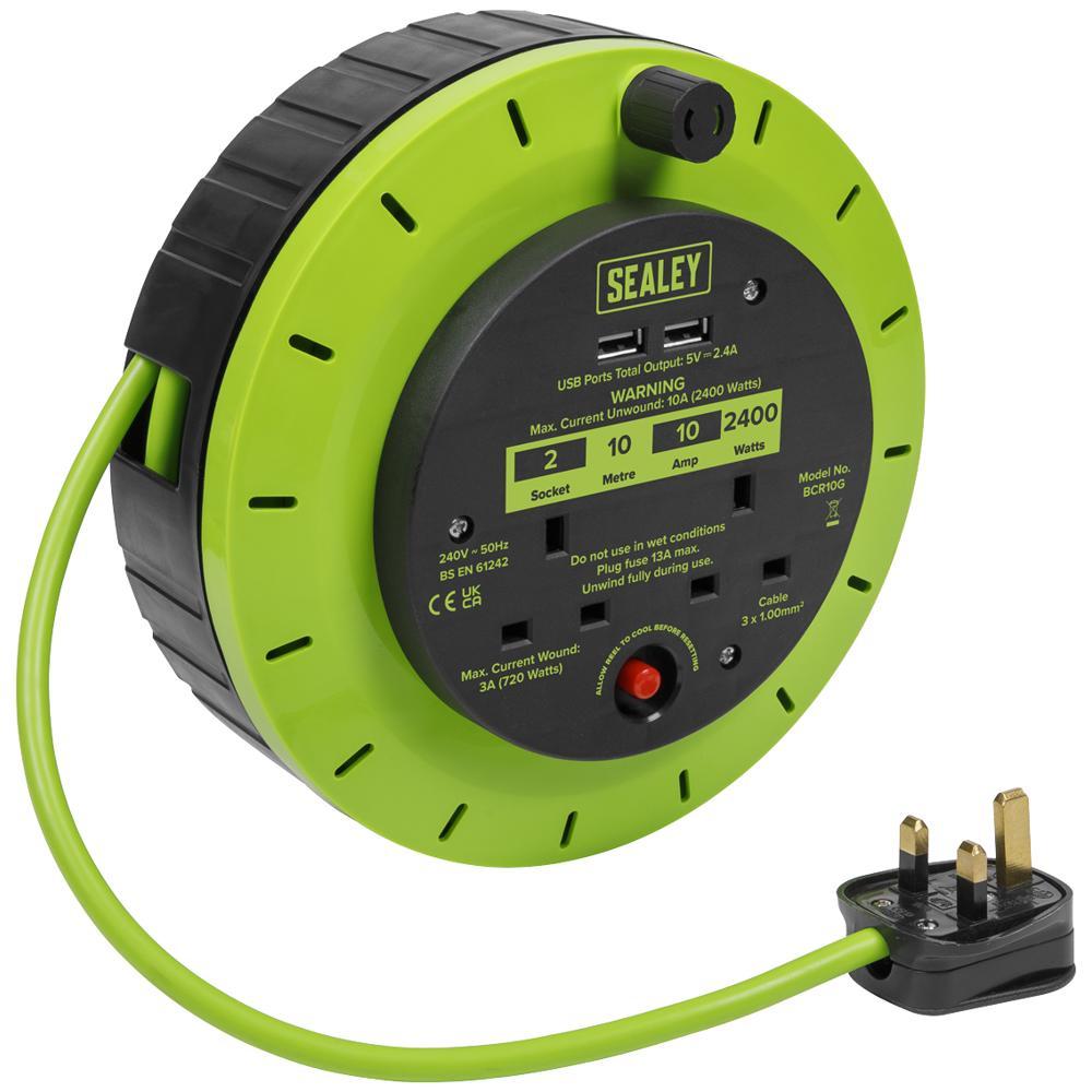 Sealey Cable Extension Reel Cassette 2 x 240v and 2 x USB 10m
