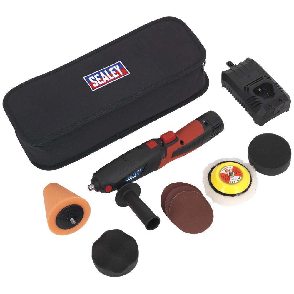 Sealey CP2812V 10.8v Cordless Mini Disc Polisher 75mm 1 x 1.5ah Li-ion Battery Charger Bag & Accessories