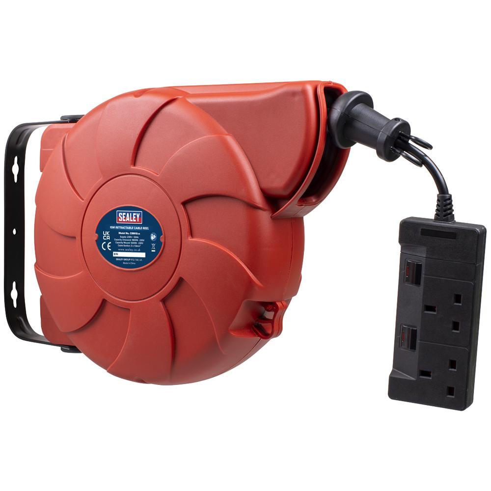 Sealey 2 Socket Wall Mount Cable Extension Reel 240v 10m