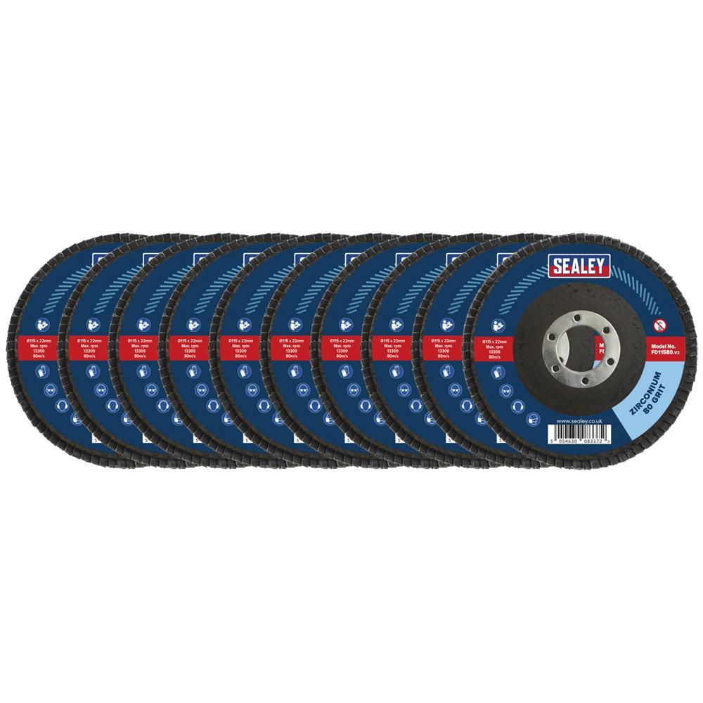 Sealey Zirconium Abrasive Flap Disc 115mm 80g Pack of 10