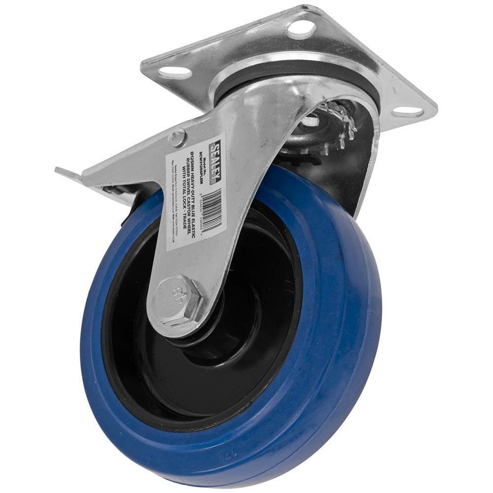 Sealey Heavy-Duty Blue Elastic Rubber Swivel Castor Wheel and Total Lock