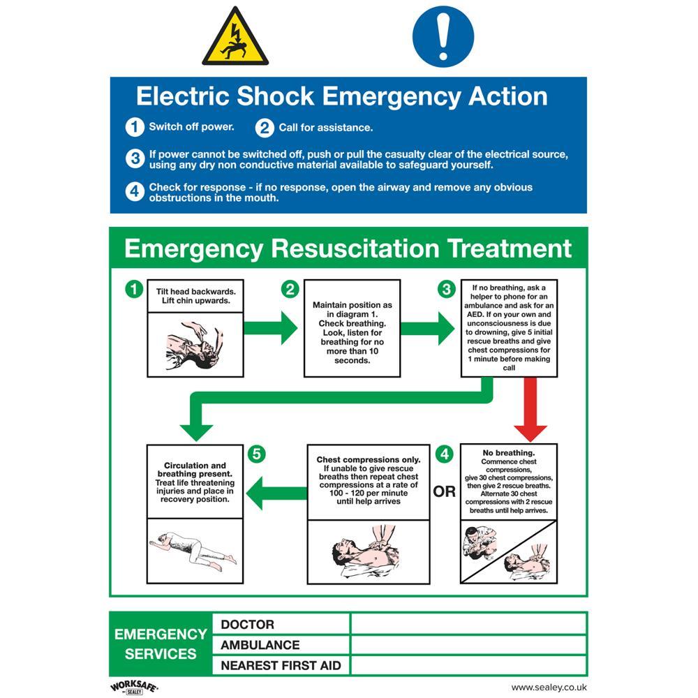 Sealey Rigid Plastic Electric Shock Emergency Action Sign 450mm 600mm Standard