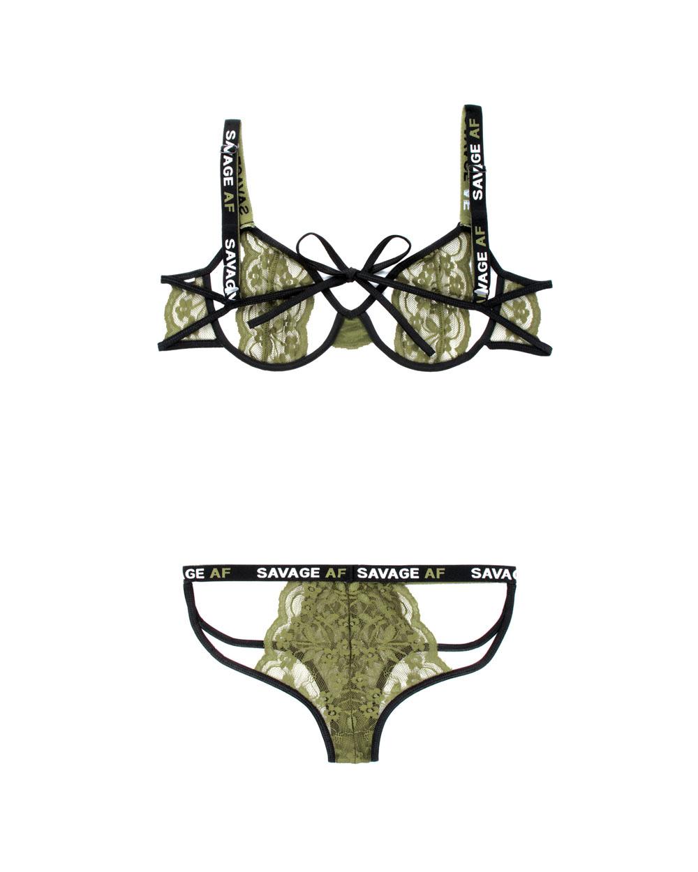 Savage Af Cutout Bra and Caged Panty - Olive - S/m