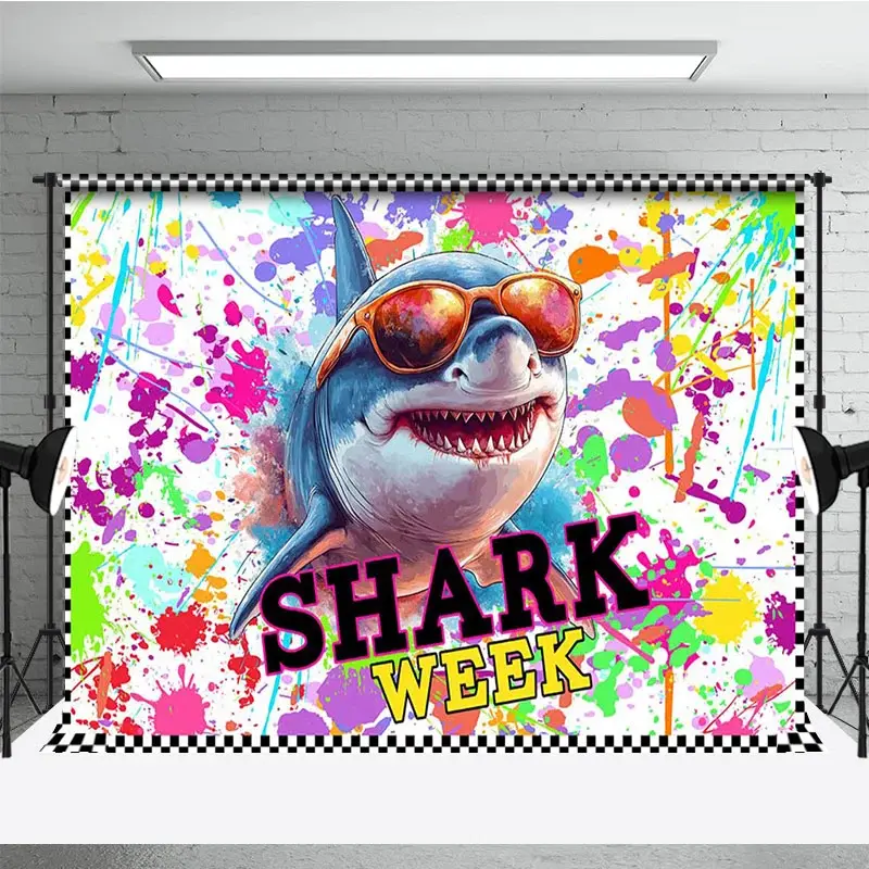 Aperturee Colorful Splashing Graffiti Shark Week Party Backdrop, 3X2FT(1MX0.6M), 14 USD, dance backdrops, AHF601A-M