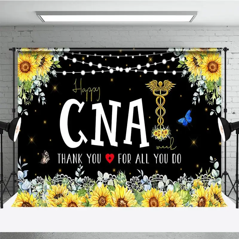 Aperturee Black Sunflower Happy Cna Week Thank You Backdrop, 3X2FT(1MX0.6M), 14 USD, commemorative backdrops, AHF612A-M