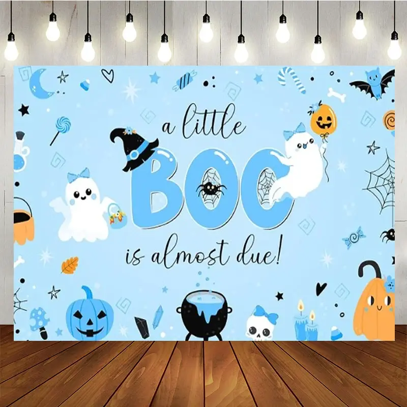Aperturee A Little Boo is Almost Due Halloween Baby Shower Backdrop, Cute Ghost with Blue Pumpkins, Spooky Party for Boy