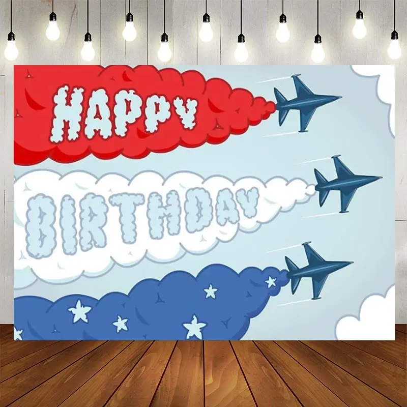 Aperturee Fighter Jet Birthday Backdrop, Airplane Smoke Trail Text, Sky Pilot Theme Party Supplies for Boy