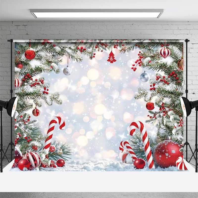 Aperturee Christmas Candy Cane Backdrop, Snowy Bokeh Background, Holiday Studio Props
