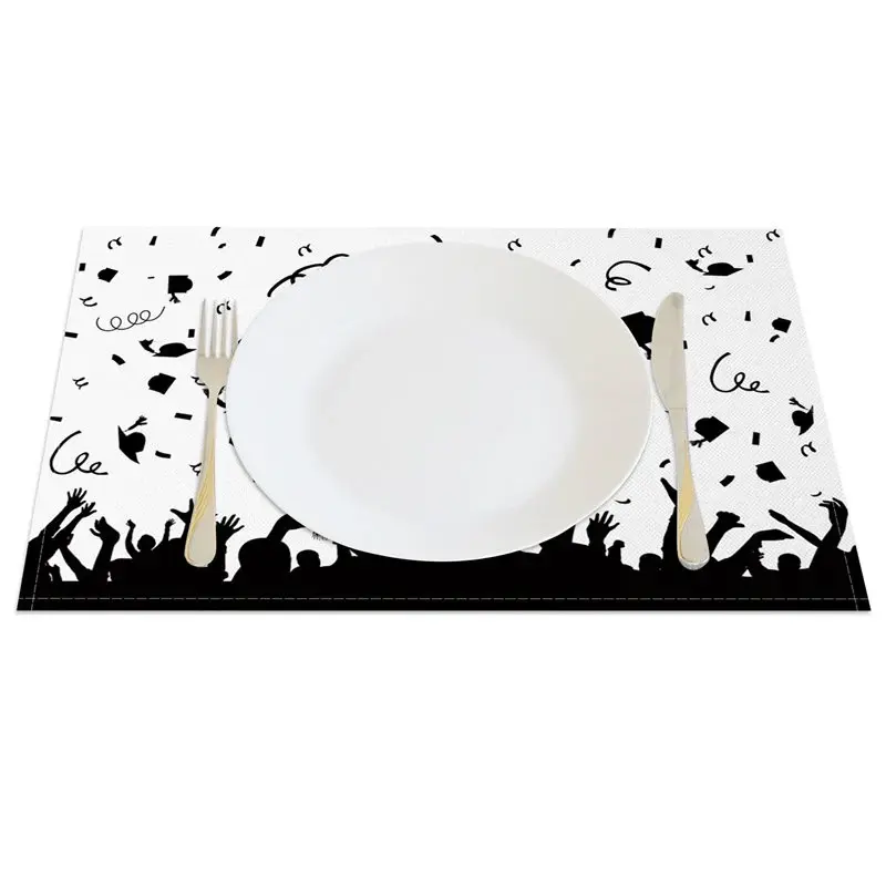 Aperturee Black White Mortarboards Scroll Set of 4 Placemats, 14x12 Inch, 15.8 USD, placemats, CDJY00121-S