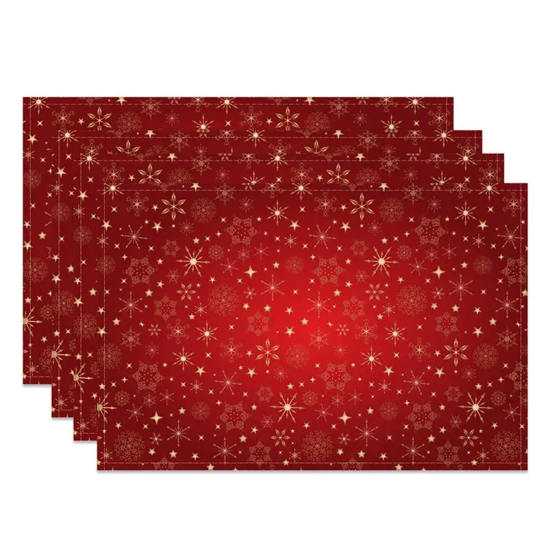 Aperturee Christmas Snowflake Set of 4 Placemats, Red and Gold Snowflakes, Elegant Winter Stars Holiday Table Mats