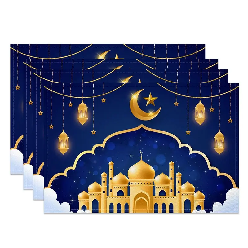 Aperturee Golden Mosque Night Set of 4 Placemats, Starry Sky with Moon and Lanterns Ramadan Eid Mubarak Table Mats Pro