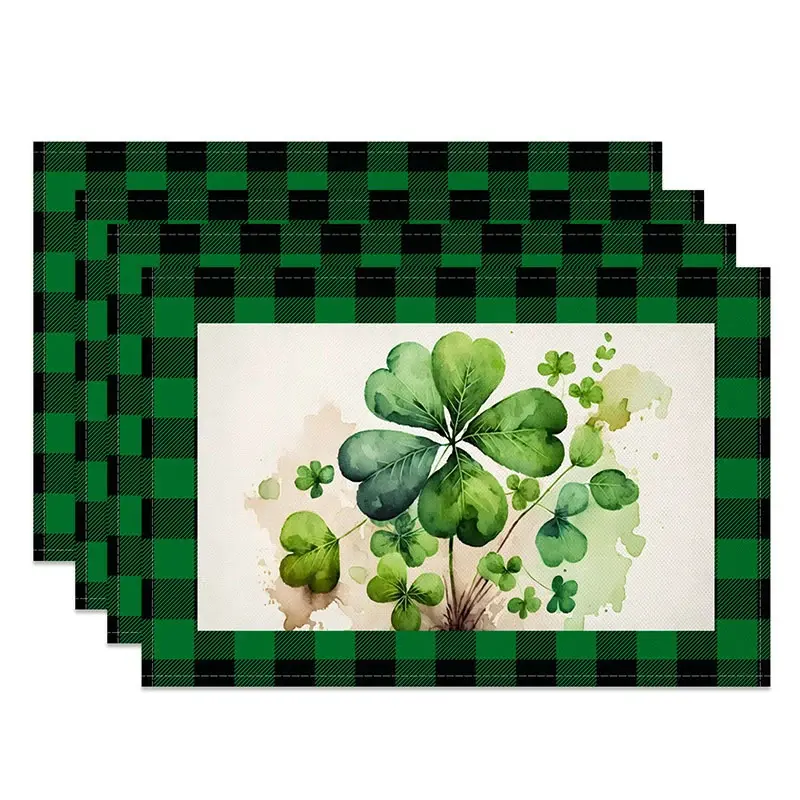 Aperturee Watercolor Four Leaf Clover Set of 4 Placemats, Artistic Shamrock and Green Buffalo Plaid Table Mats Pro