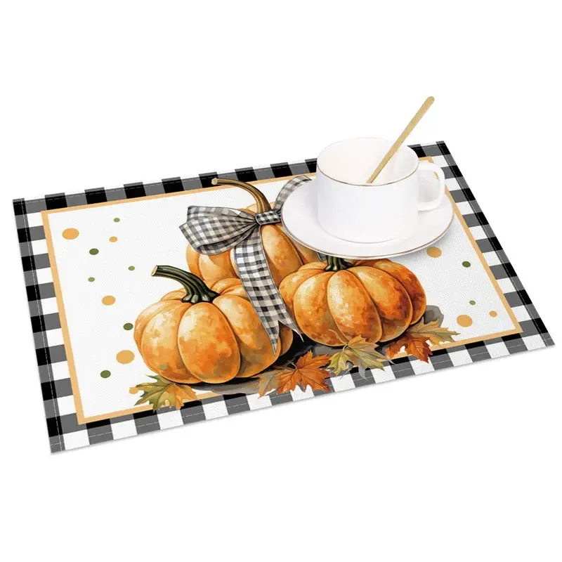 Aperturee Black and White Plaid Pumpkin with Bow Set of 4 Placemats, for Farmhouse Fall and Thanksgiving Decor, 14x12in (WxH)