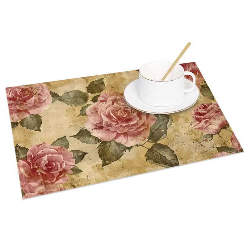 Aperturee Vintage Pink Rose Botanical Floral Set of 4 Placemats, for Shabby Chic Wedding and Tea Party Decor, 14x12in (WxH)
