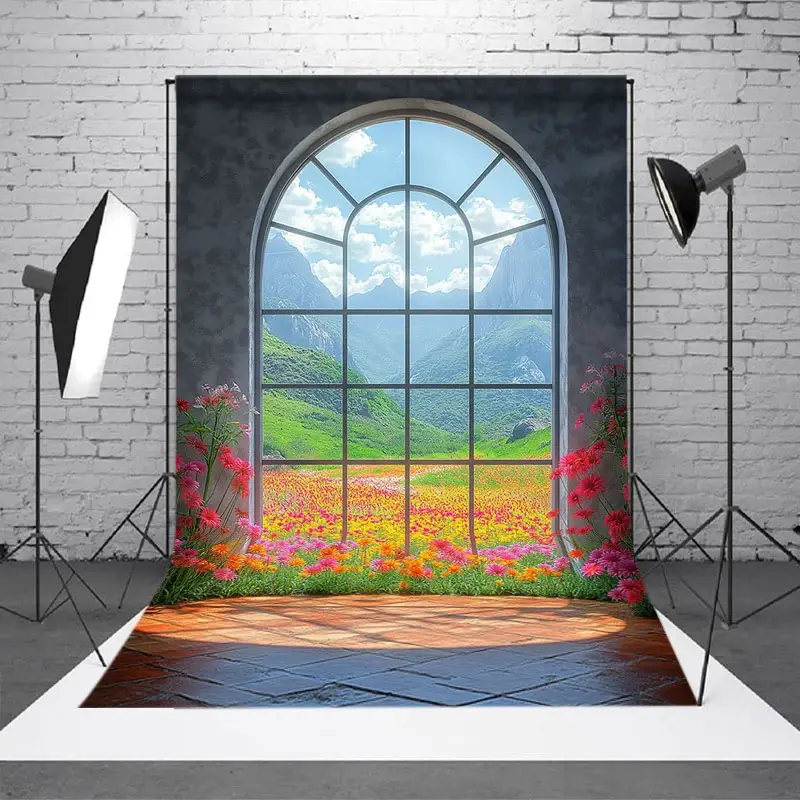 Aperturee Mountain Floral Scene Arched Windows Photo Backdrop, 2X3FT(0.6MX1M), 14 USD, door and window backdrops, CJSD9N17-M