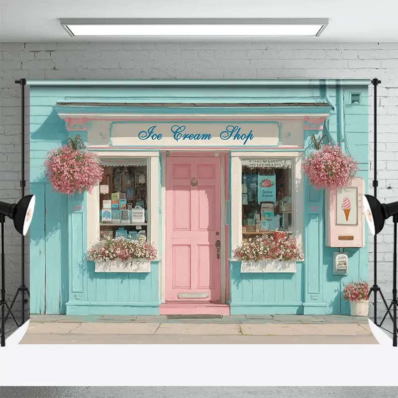 Aperturee Fresh Blue Wall Dessert Shop Floral Photo Backdrop, 3X2FT(1MX0.6M), 14 USD, architecture backdrops, DMHD6Y22-M
