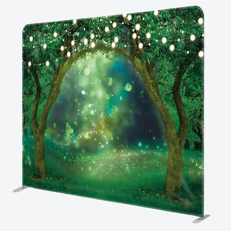 Aperturee Enchanted Forest Tension Fabric Backdrop, String Lights Greenery Decor, Professional Nature Landscape Background for Photo