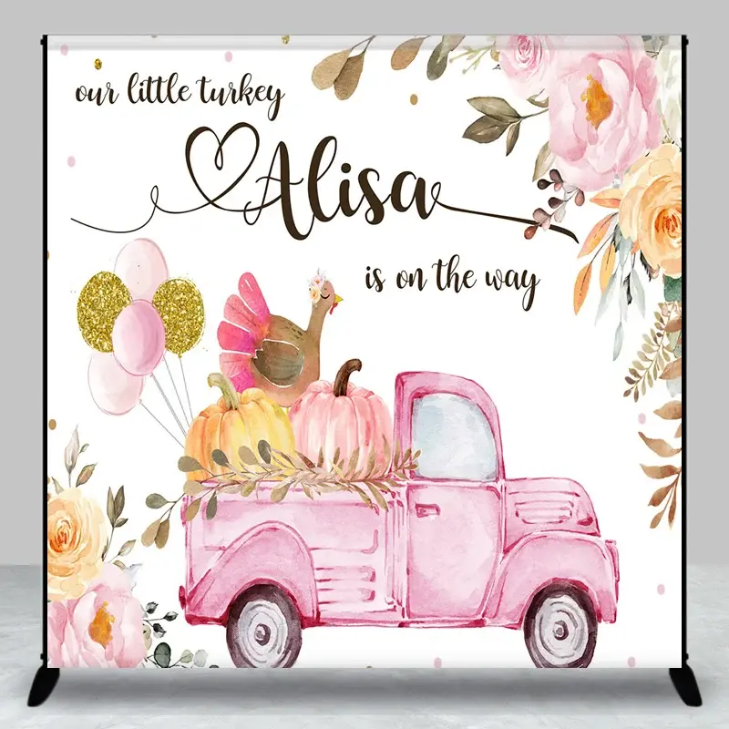 Aperturee Personalized Little Turkey Baby Shower Backdrop, Pink Truck Pumpkin, Fall Floral Girl Party Decor