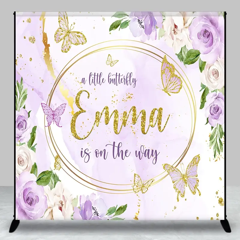 Aperturee Personalized A Little Butterfly is on the Way Backdrop, Purple Floral with Gold, Custom Name Girl Baby Shower, 3x3ft (WxH)