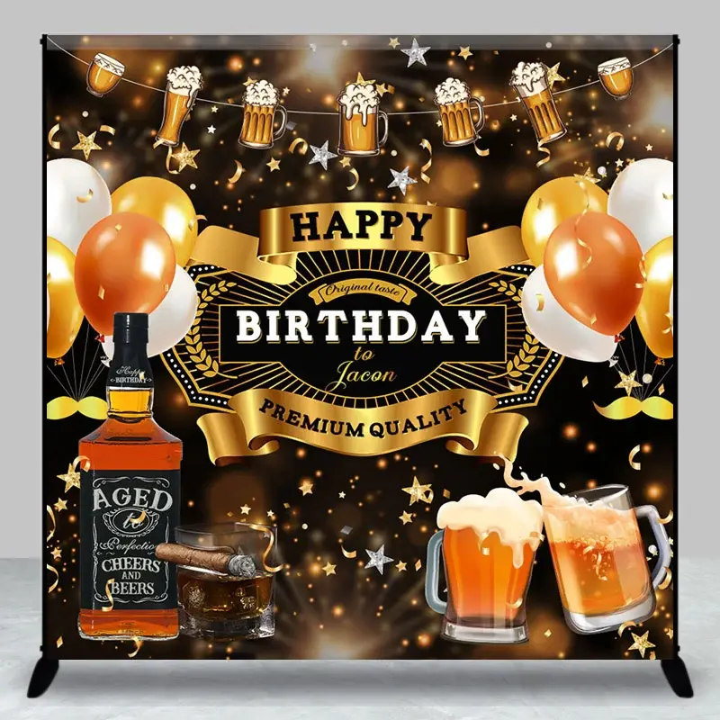 Aperturee Whisky Balloons Black Gold Custom Birthday Backdrop, 3X3FT(1X1M), 15 USD, custom birthday backdrops, DZAH0G763-O