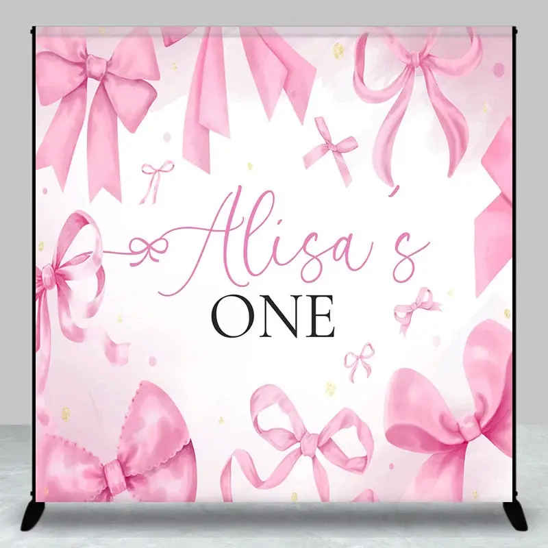 Aperturee Fairytale Pink Bow Custom Name One Birthday Backdrop, 3X3FT(1X1M), 15 USD, custom birthday backdrops, DZAHF575A-O