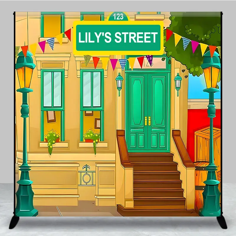 Aperturee Custom Birthday Backdrop Cartoon City Street Brownstone Building Green Sign Kids Prop Studio Photography Background